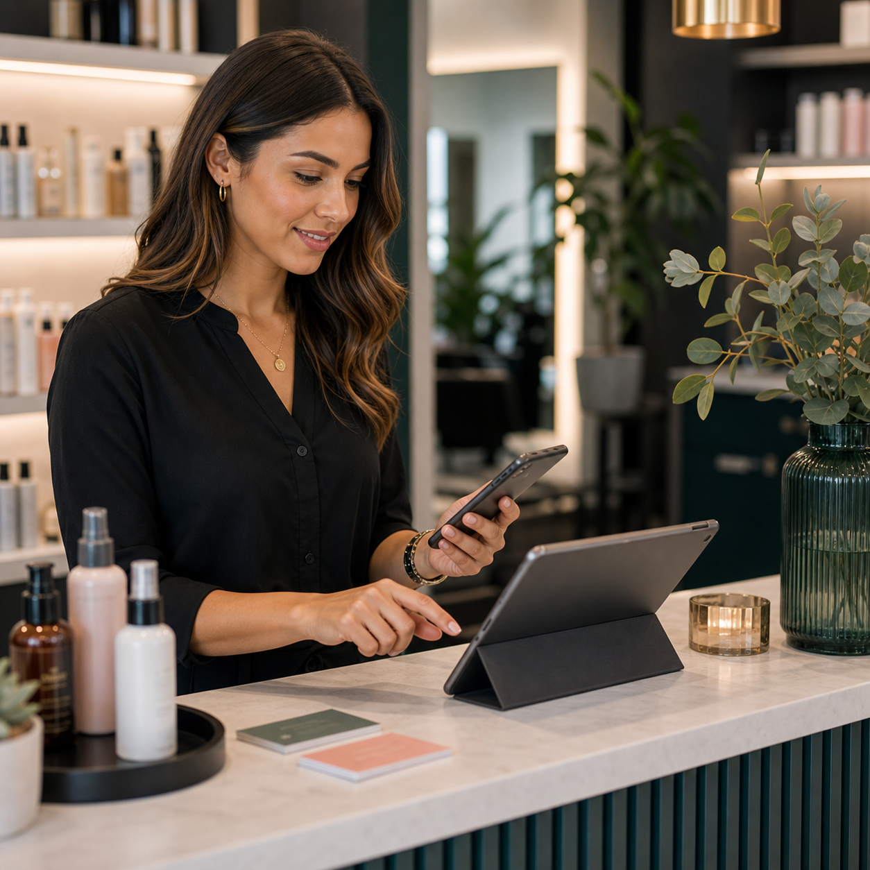 Salon professional preparing client reminders