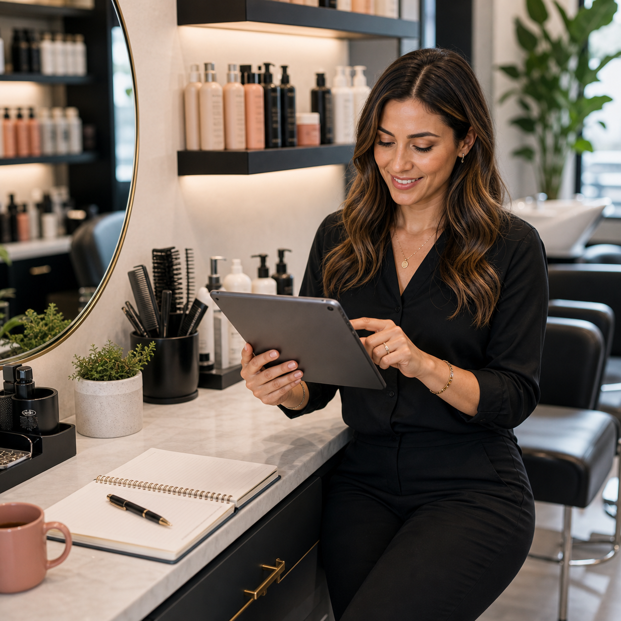 Salon owner updating services on a tablet